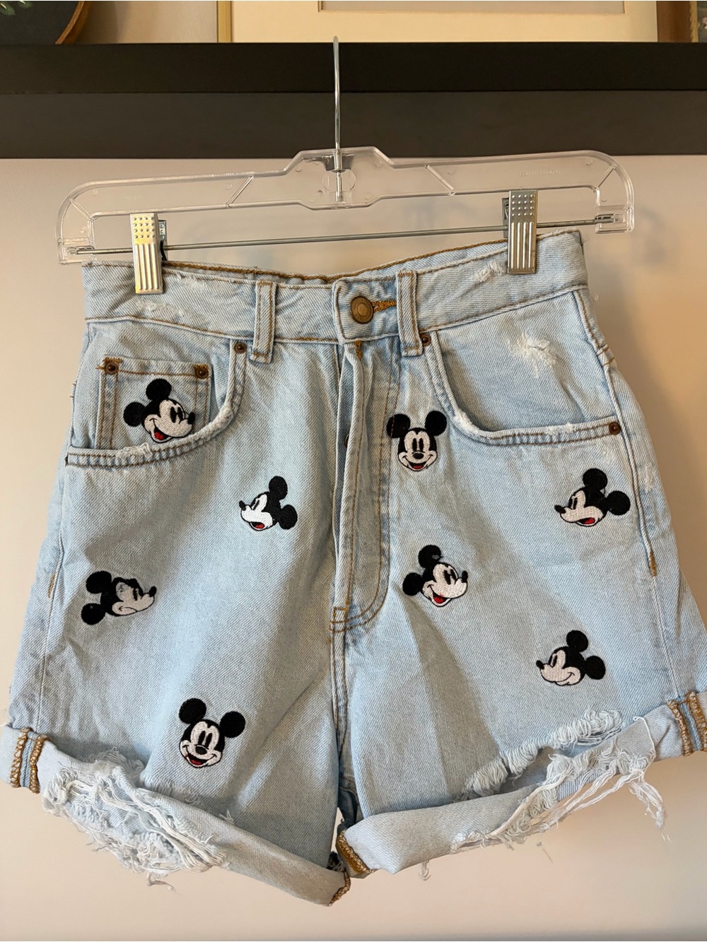 Zara Light Blue Denim Shorts with Mickey Embroidery